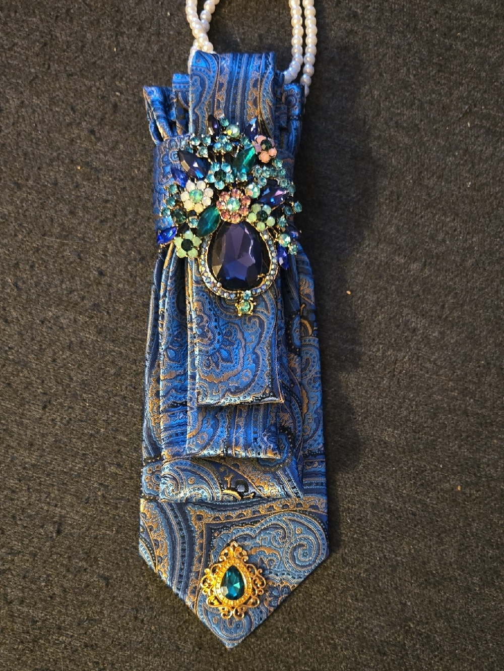 3/$60 Blue Gold Paisley Cravat with Crystal Blue and Green Brooch
